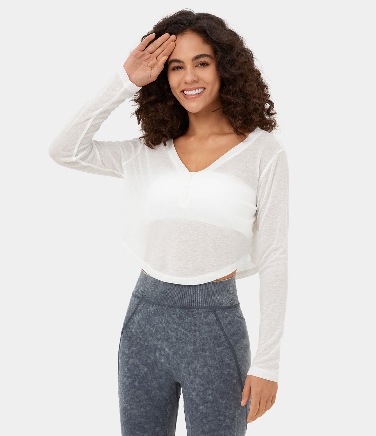 

Halara V Neck Button Long Sleeve Curved Hem Cropped Casual Sports Top - White