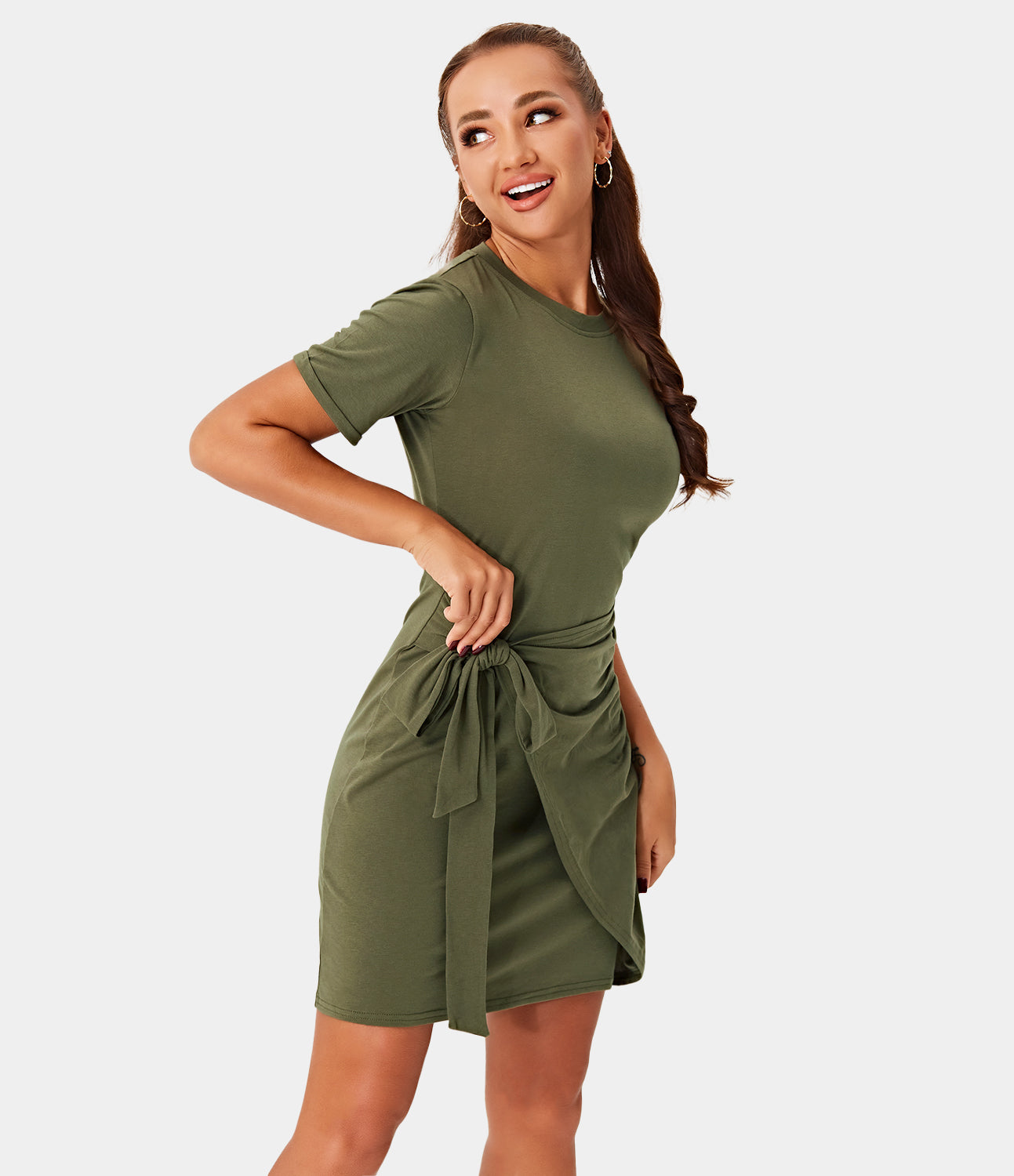 

Halara Everyday Tie Knot Ruched Mini Chill Dress-Belle Casual Dress - Capulet Olive -  slip dress beach dress ruched dress halter dress