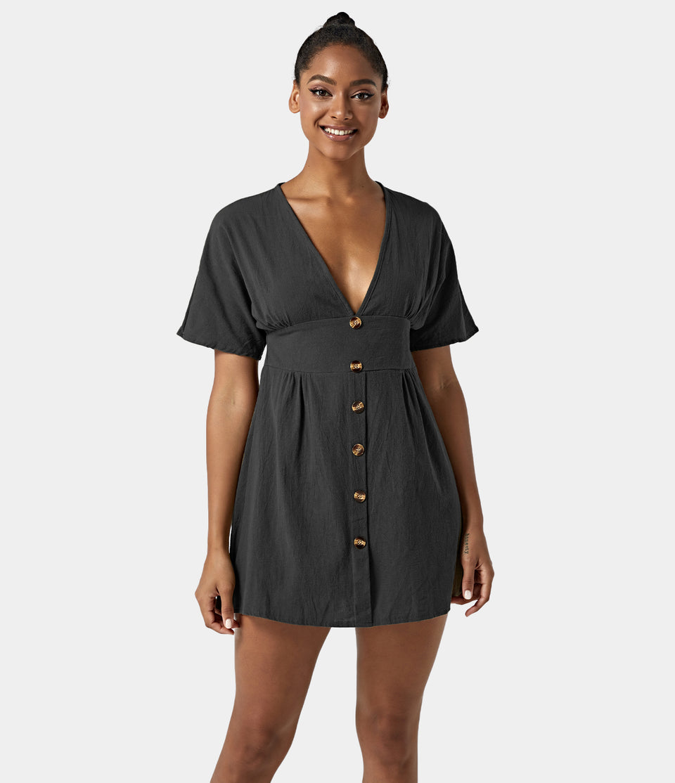 Plunging Neck Button Front Mini Dress