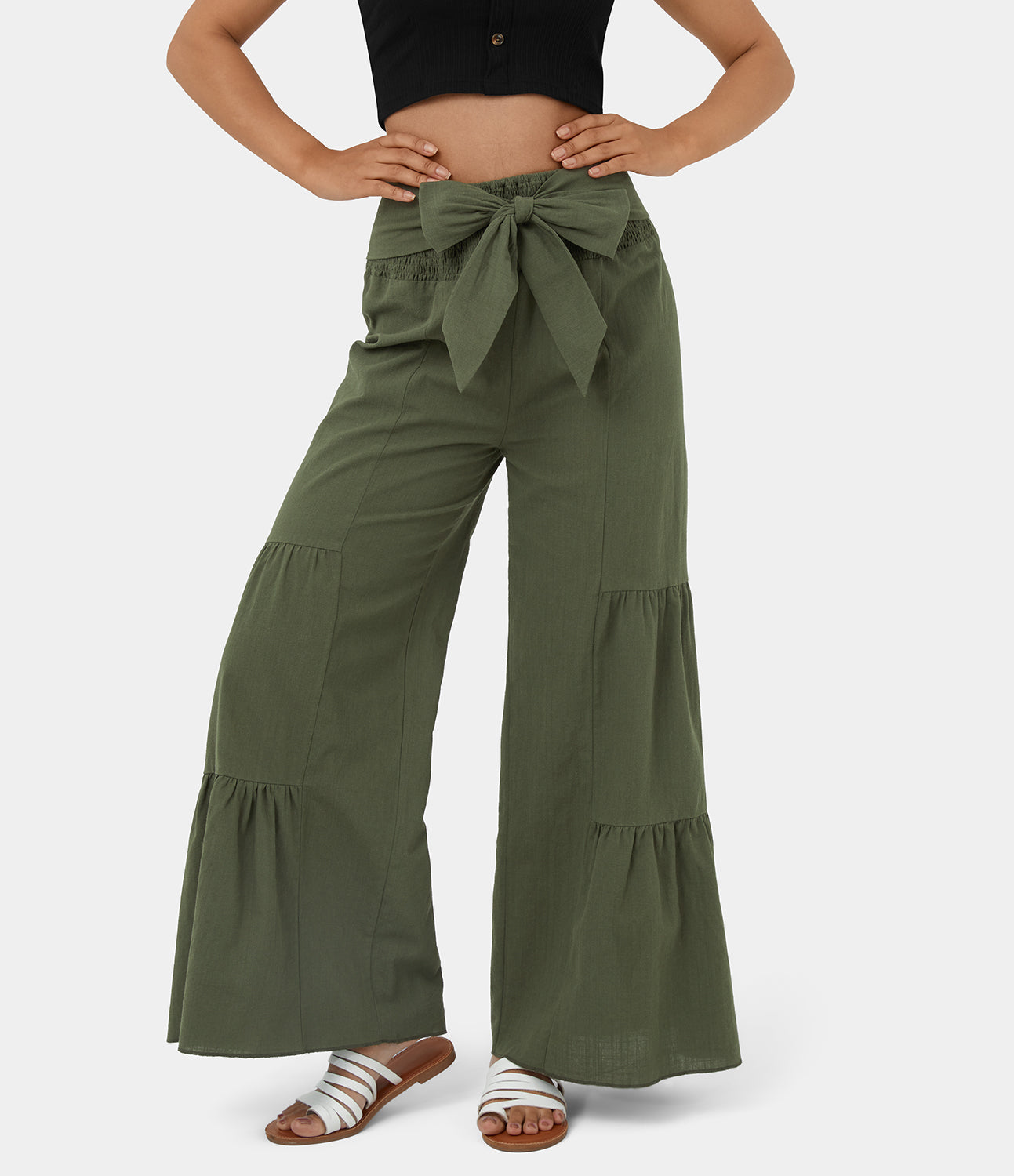 

Halara High Waisted Shirred Tie Front Ruched Wide Leg Casual Cotton Pants - Black -  sweatpants jogger pants stacked sweatpants