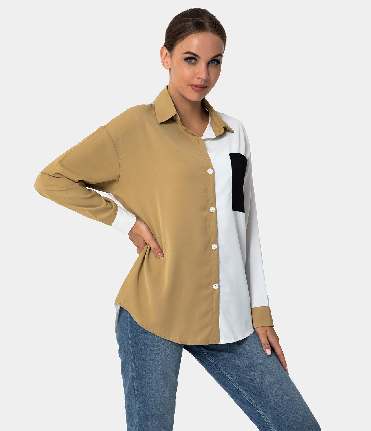

Halara Dropped Shoulder Button Front Color Button Shirt - Mustard Brown