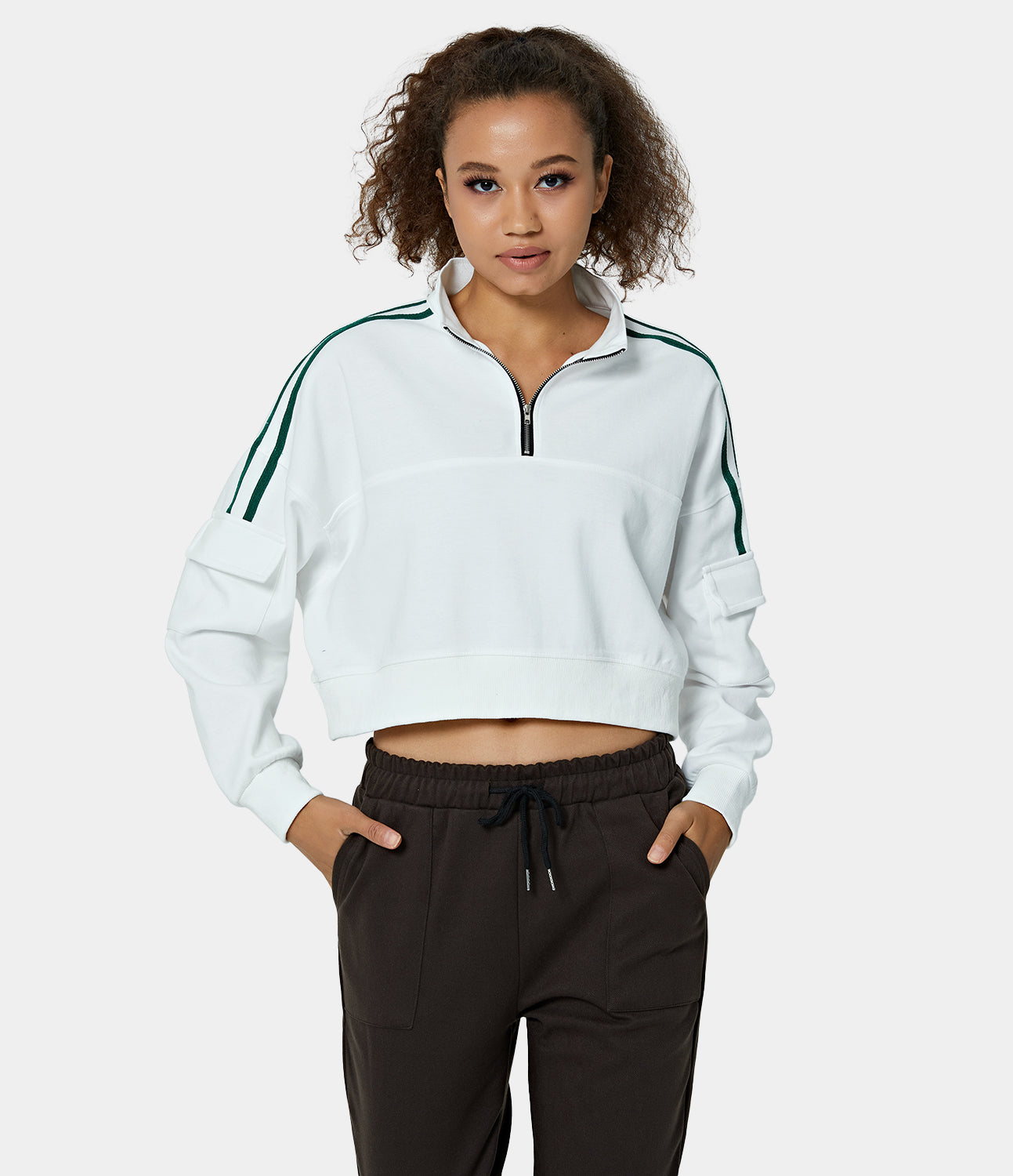 

Halara Mock Neck Half Zip Flap Pocket Cropped Sports Sweatshirt - White