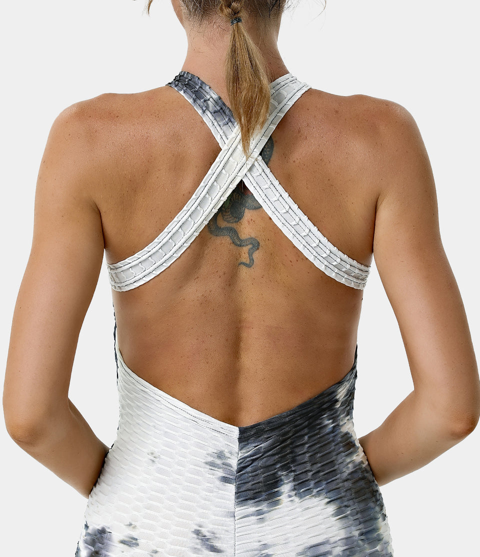 Halter Tie-Dye Backless Crisscross Textured 7/8 Jumpsuit