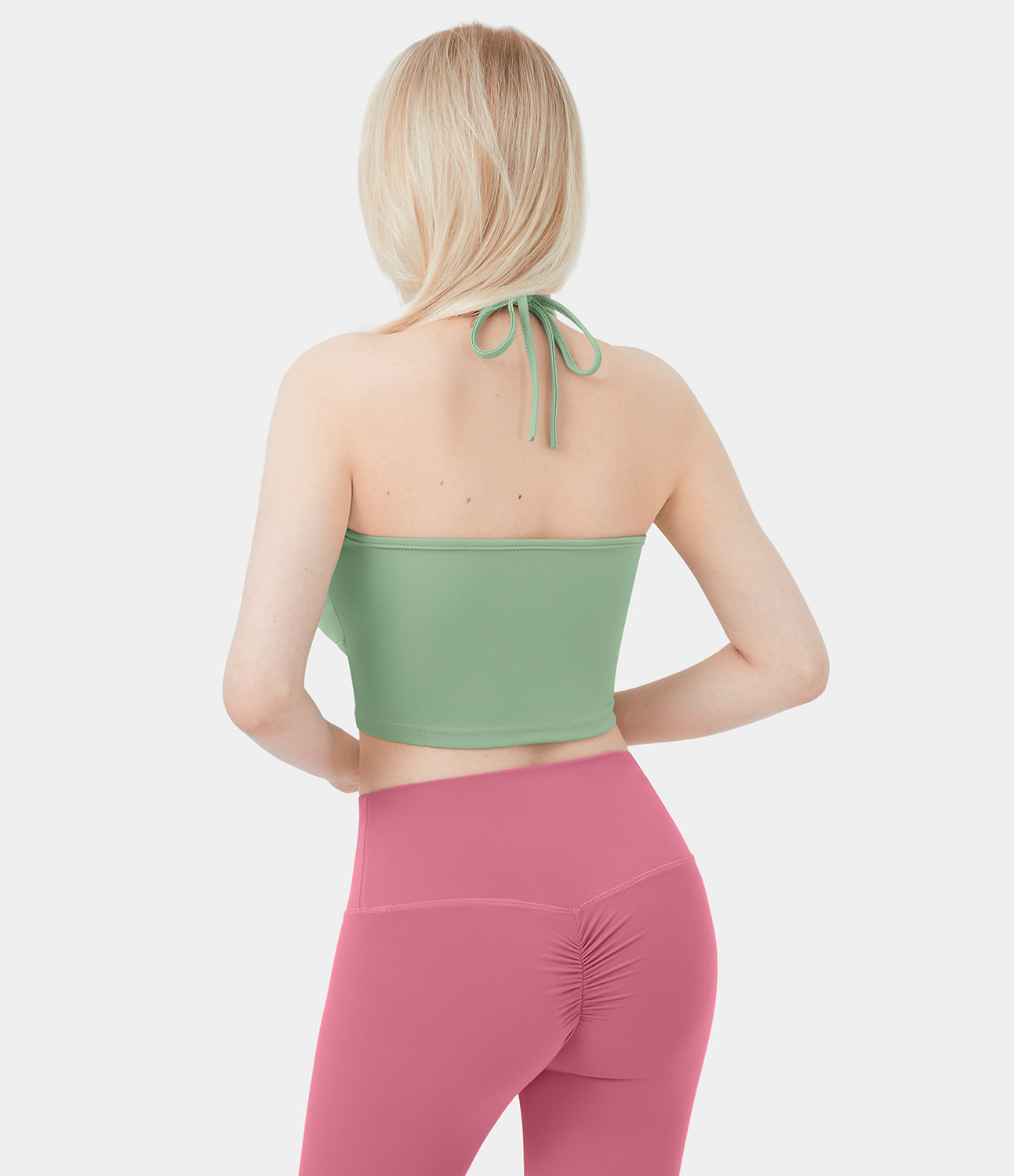 

Halara Halter Backless Crisscross Lace Up Ruched Cut Out Cropped Casual Tank Top Tank Top - Pastel Green -  golf tops halter top tunic tops