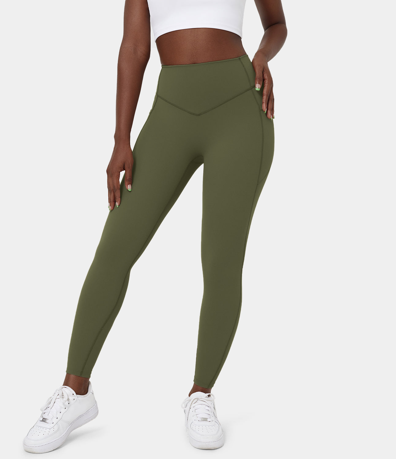 

Halara SoCinchedв„ў High Waisted Tummy Control Side Pocket Shaping 7/8 Training Leggings - Grass Grey Green -  gym leggings