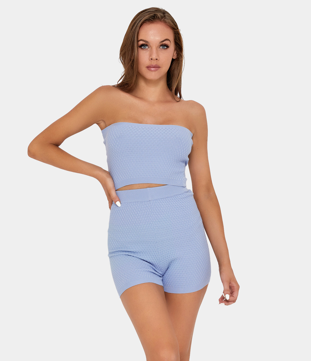 

Halara Off Shoulder Cami & Textured Knit Shorts Set - Carolina Blue