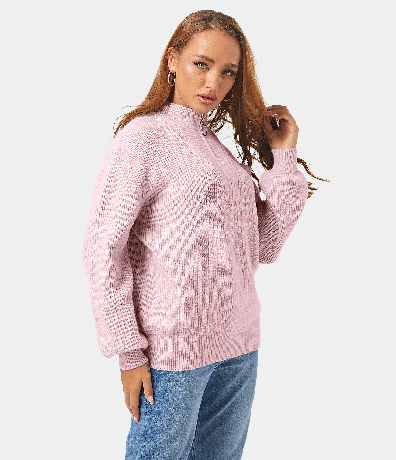 

Halara Half-Zip Bishop Sleeve Knit Sweater - Pink