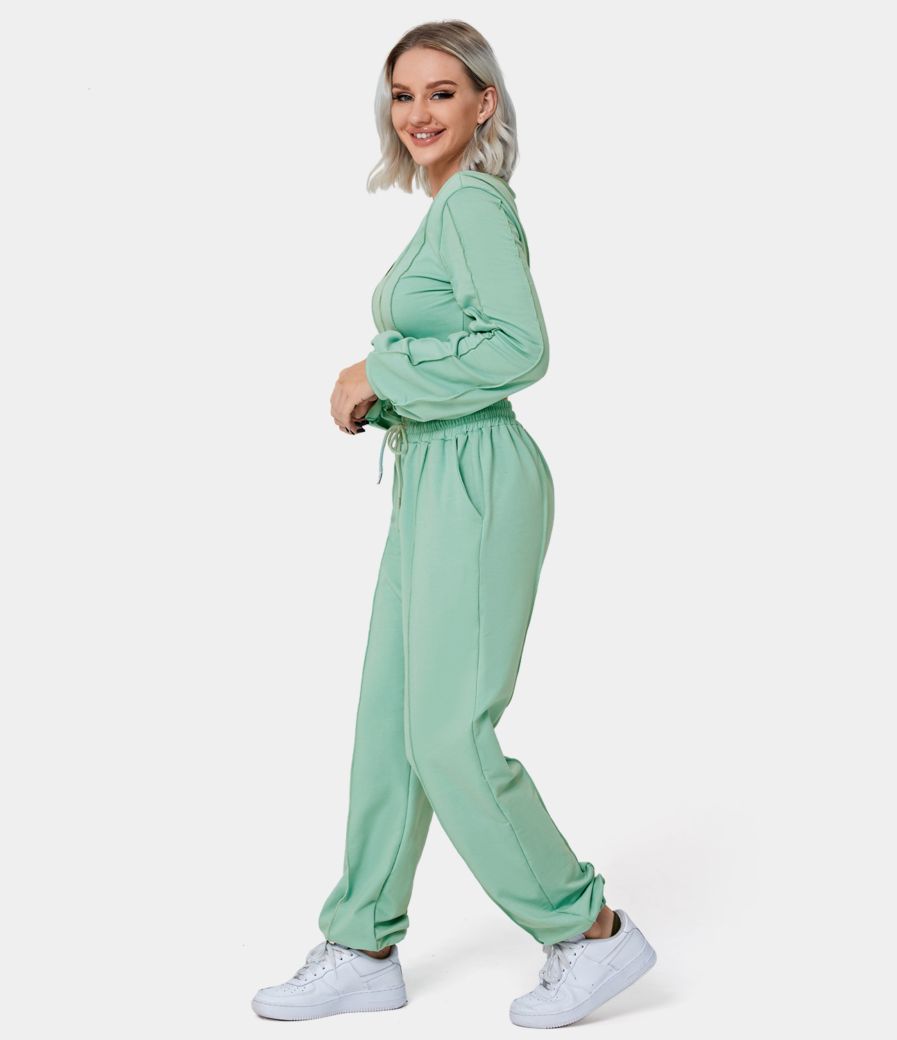 

Halara V-Neck Plain Cropped Top & High Waisted Drawstring Side Pocket Pants Set - Seafoam