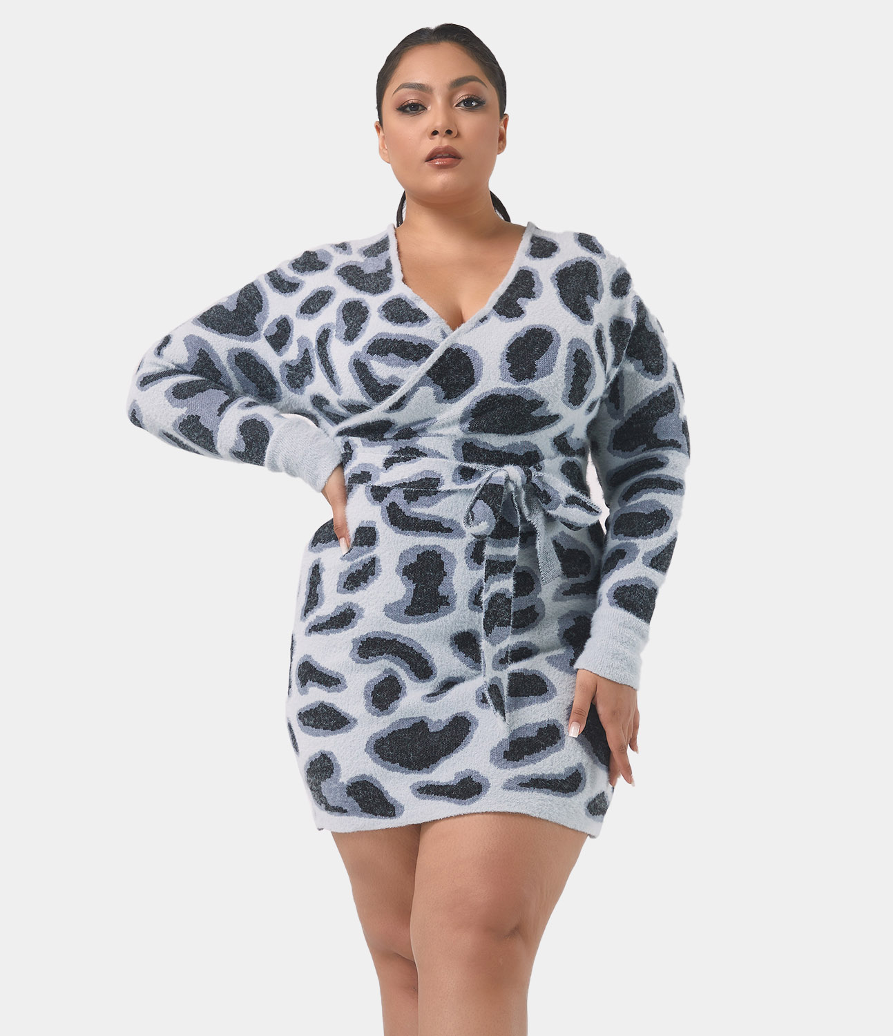 

Halara V-Neck Leopard Print Belted Plus Size Sweater DressPlus Size Dress - Grey -  plus size maxi dresses plus size summer dresses