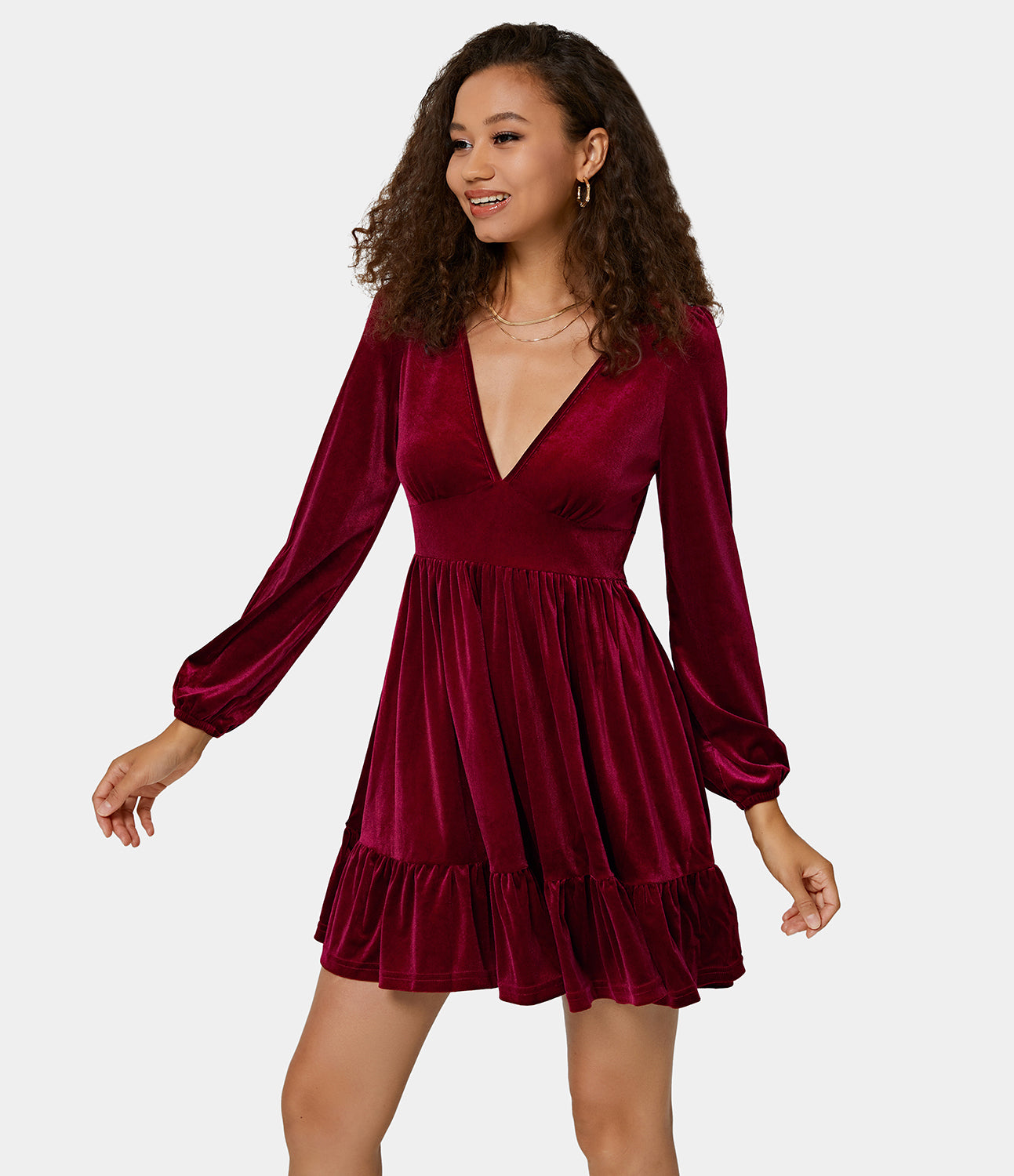 

Halara Everyday Deep V Neck Ruffled Hem Velvet Mini Chill Party Dress Casual Dress - Sangria -  slip dress beach dress ruched dress