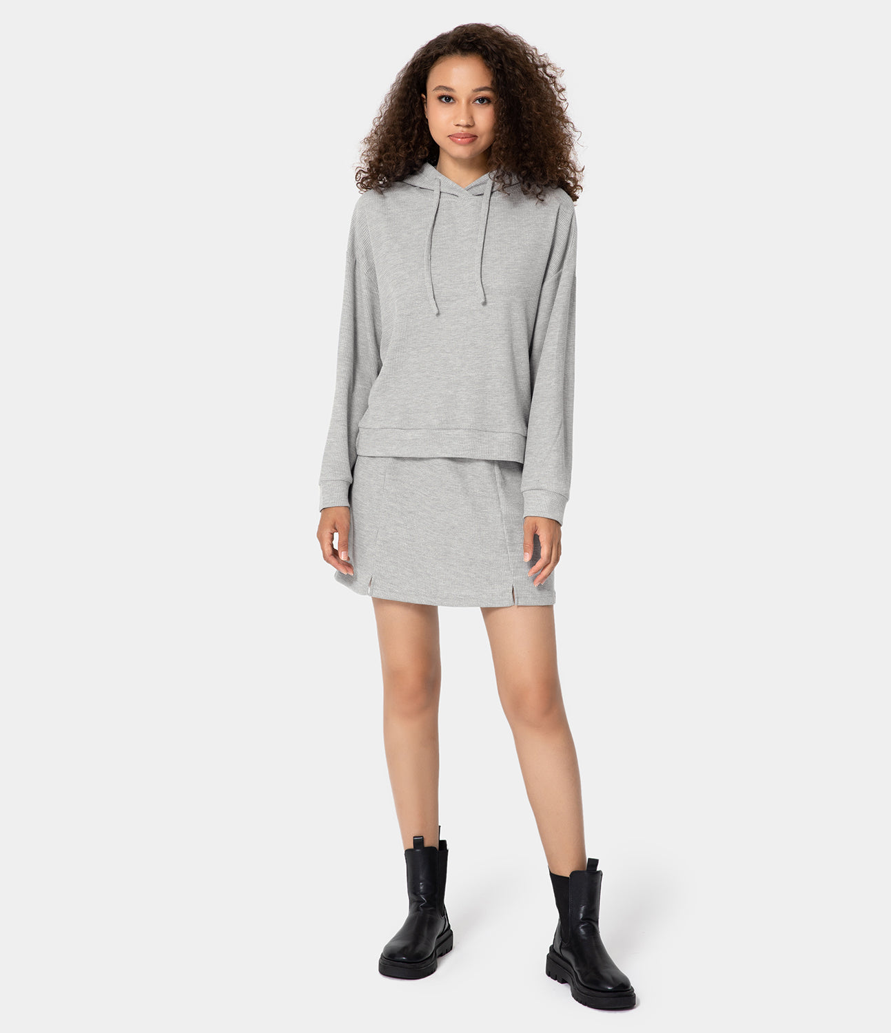 

Halara Waffle Knit Hooded Drawstring Sweatshirt & High Waisted Plain Skirt Set - Teal