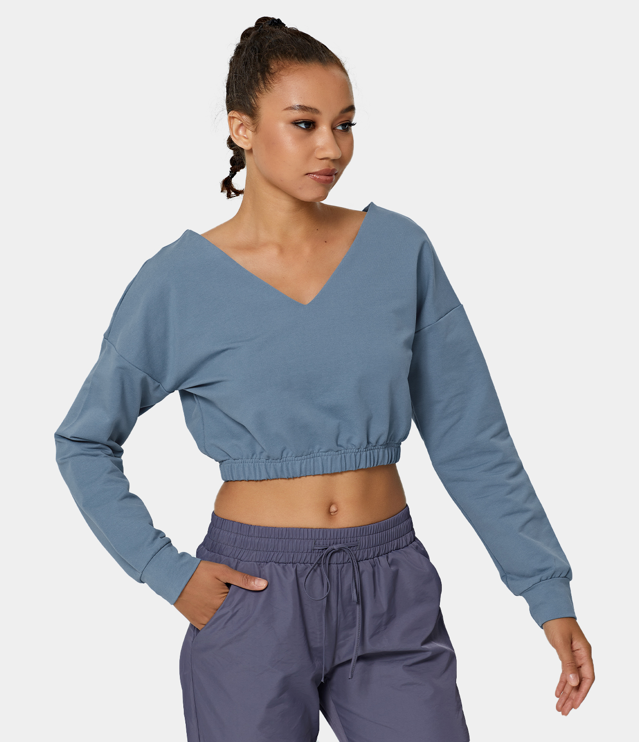 

Halara V Neck Dropped Shoulder Plain Cropped Sweatshirt - Ocean Blue