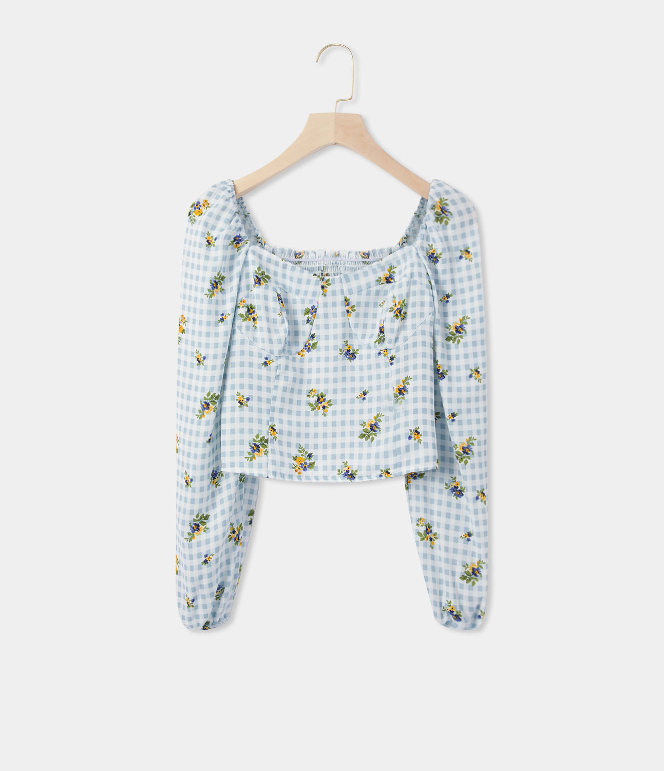 

Halara Square Neck Puff Sleeve Gingham Ditsy Floral Print Cropped Blouse - Soft Blue