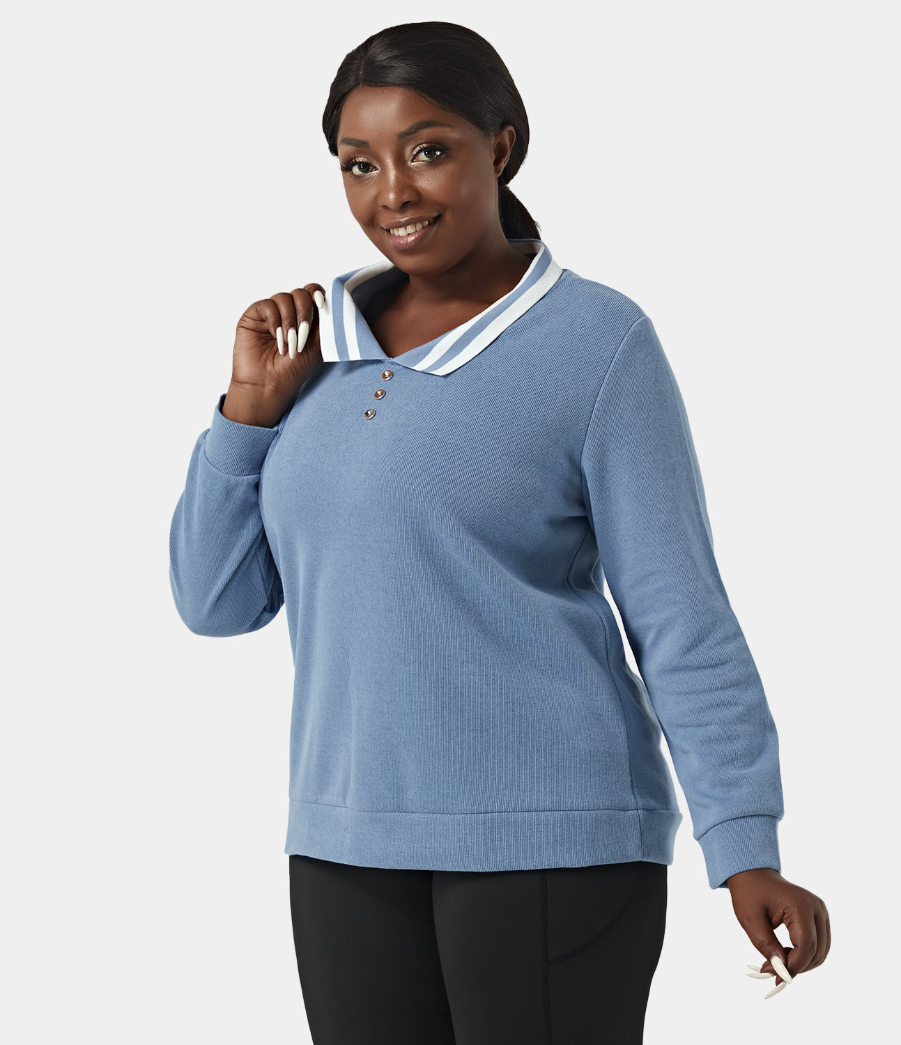 

Halara Collared Color-Block Button Plus Size Sweater - Carolina Blue
