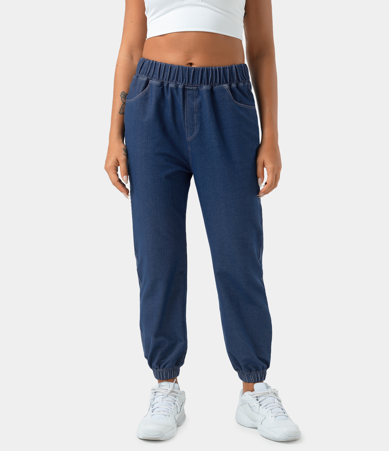 

Halara High Waisted Elastic Waistband Side Pocket Denim Pants - Persian Blue -  sweatpants jogger pants stacked sweatpants cargo joggers