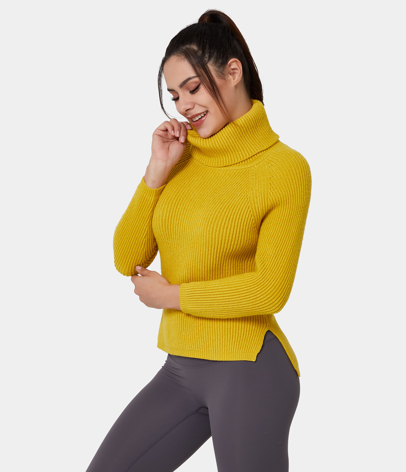 

Halara Turtleneck Raglan Sleeve Split Plain Sweater - Goldenrod