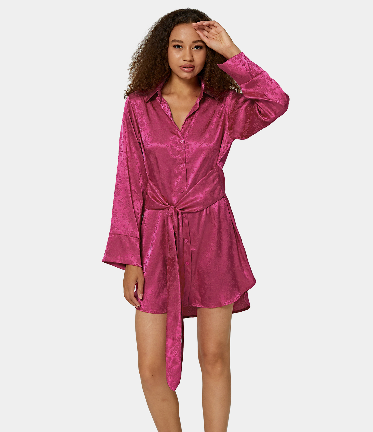 

Halara Collared Button Front Long Sleeve Lace Up Mini Shirt DressCasual Dress - Hot Pink -  slip dress beach dress ruched dress halter dress