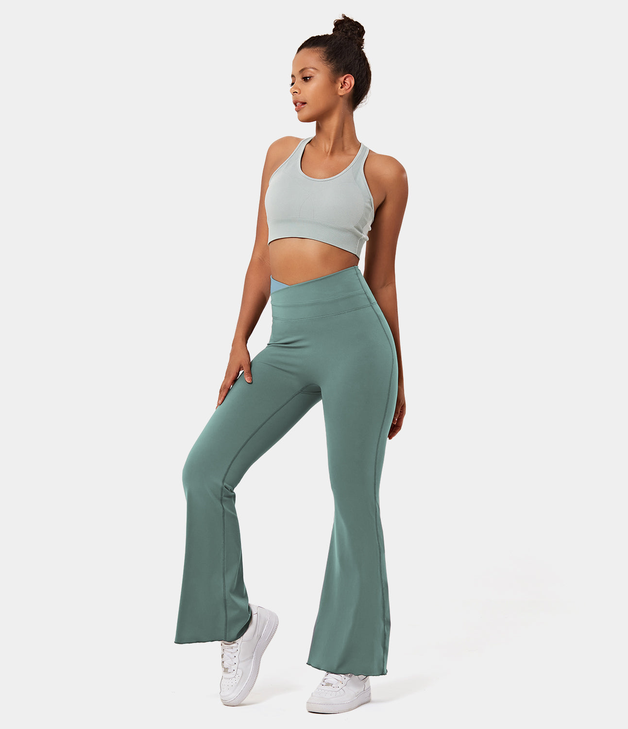 

Halara High Waisted Color Block Crossover Flare Leggings - Slate Green -  gym leggings leggings with pockets leggings with butt lift