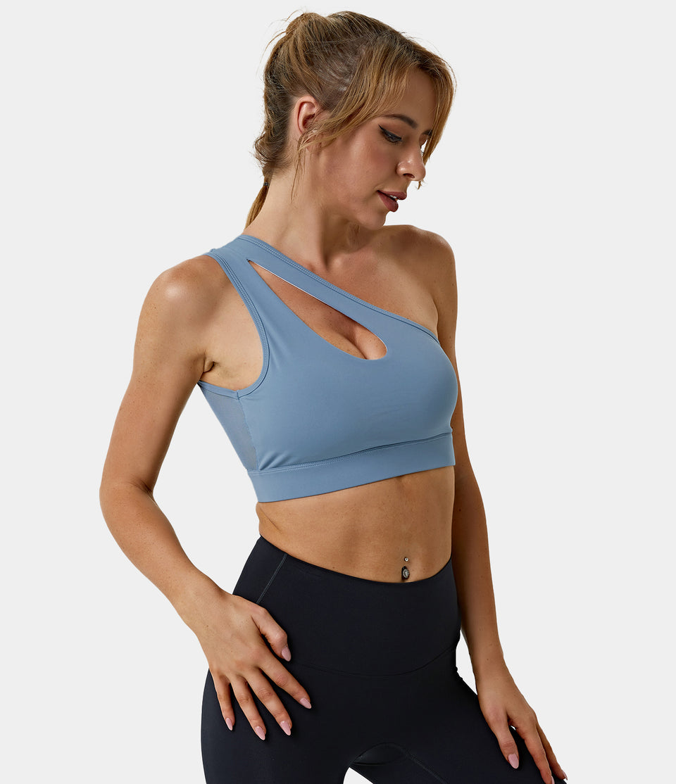 Womens Low Support One Shoulder Cut Out Contrast Mesh Sports Bra Halara 