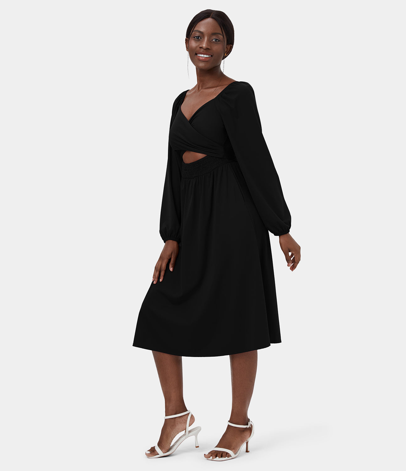 

Halara Tri-wear Shirred Lace Up Twisted Pocket Casual Midi Dress Casual Dress - Black -  slip dress beach dress ruched dress halter dress
