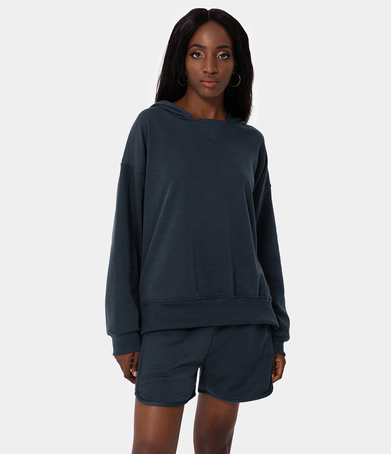 

Halara Hooded Split Hem Sweatshirt & Side Pocket Shorts Set - Dark Grey