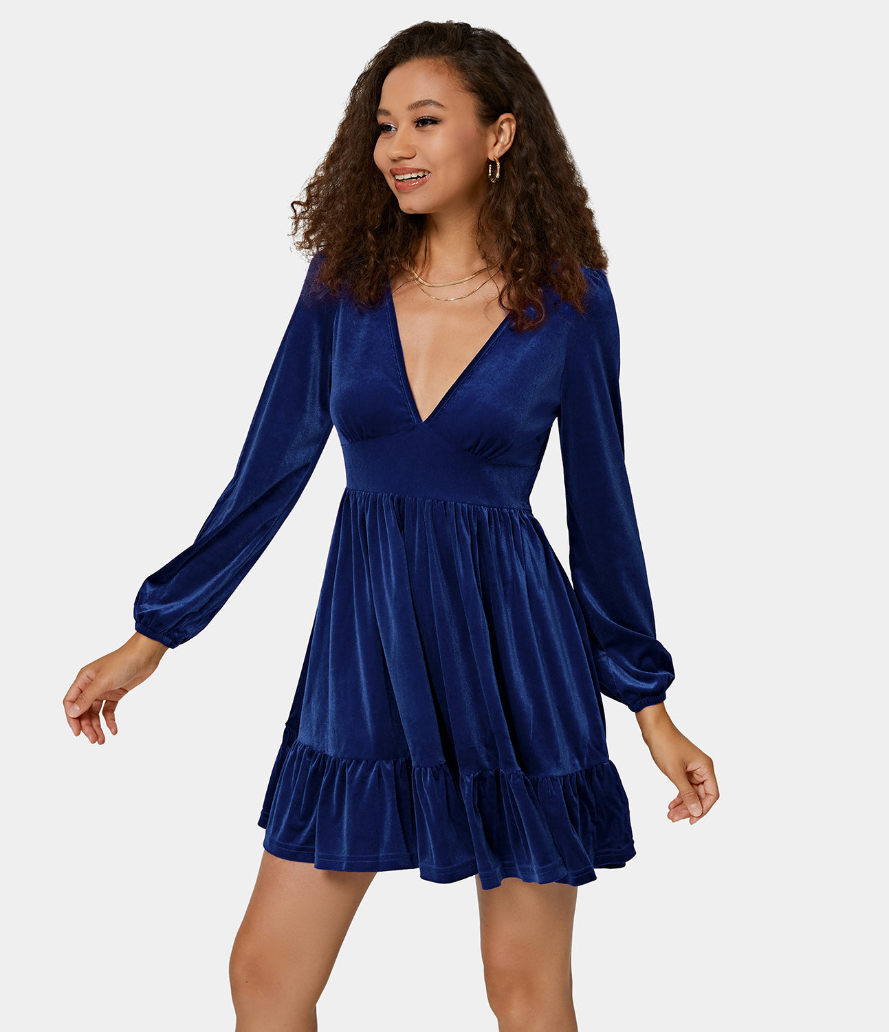 

Halara Everyday Deep V Neck Ruffled Hem Velvet Mini Chill Party Dress Casual Dress - Midnight Ocean -  slip dress beach dress ruched dress