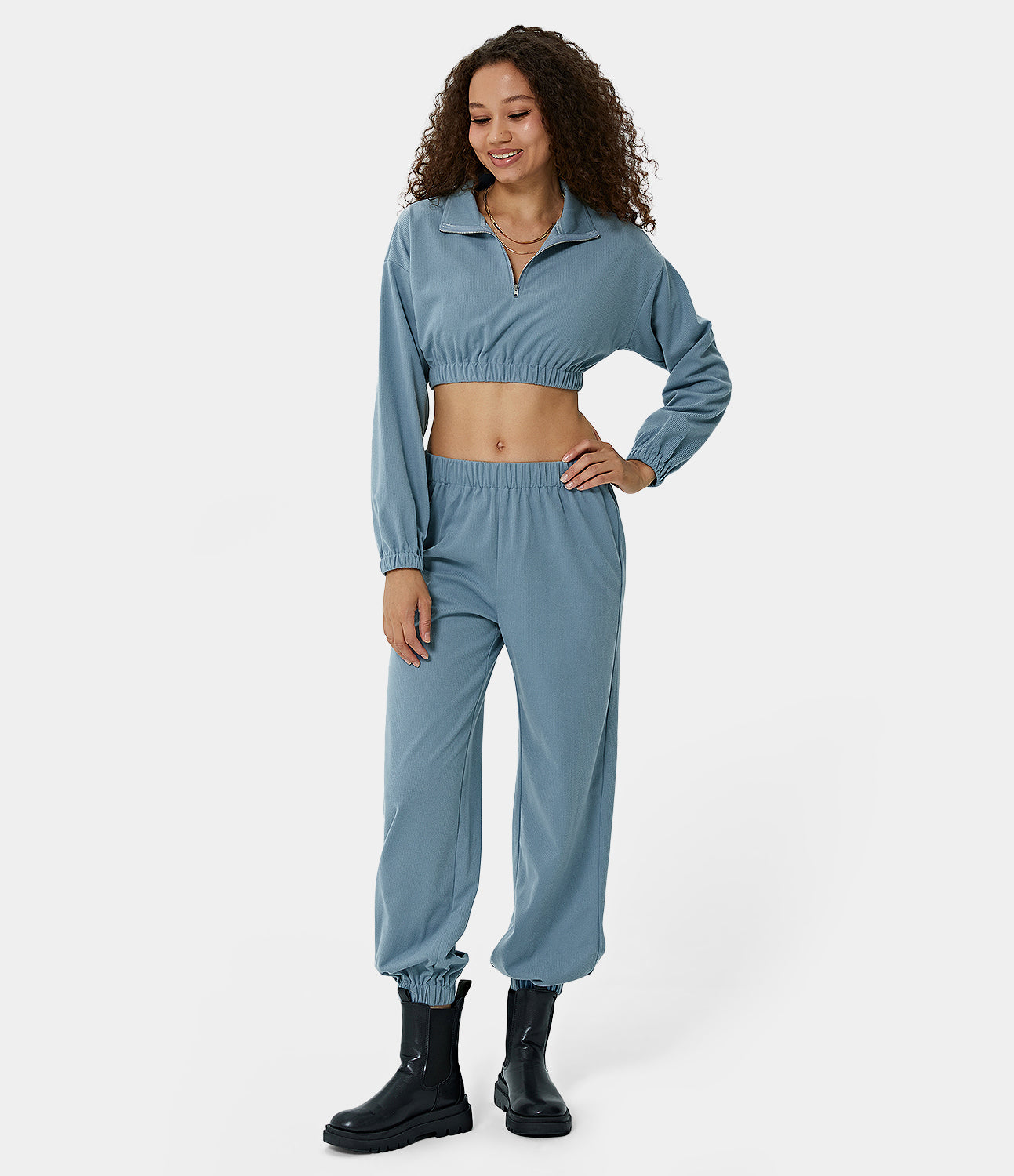 

Halara Half-Zip Long Sleeve Cropped Top & Mid Rise Lounge Pants Set - Light Blue
