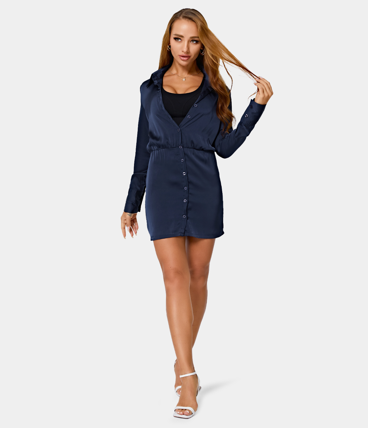 

Halara Collared Button Front Long Sleeve Plain Mini DressCasual Dress - Dark Blue -  slip dress beach dress ruched dress halter dress