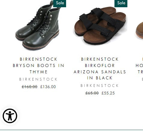 Screenshot of website showing Birkenstock footwear and the accessibility access icon in the bottom left corner
