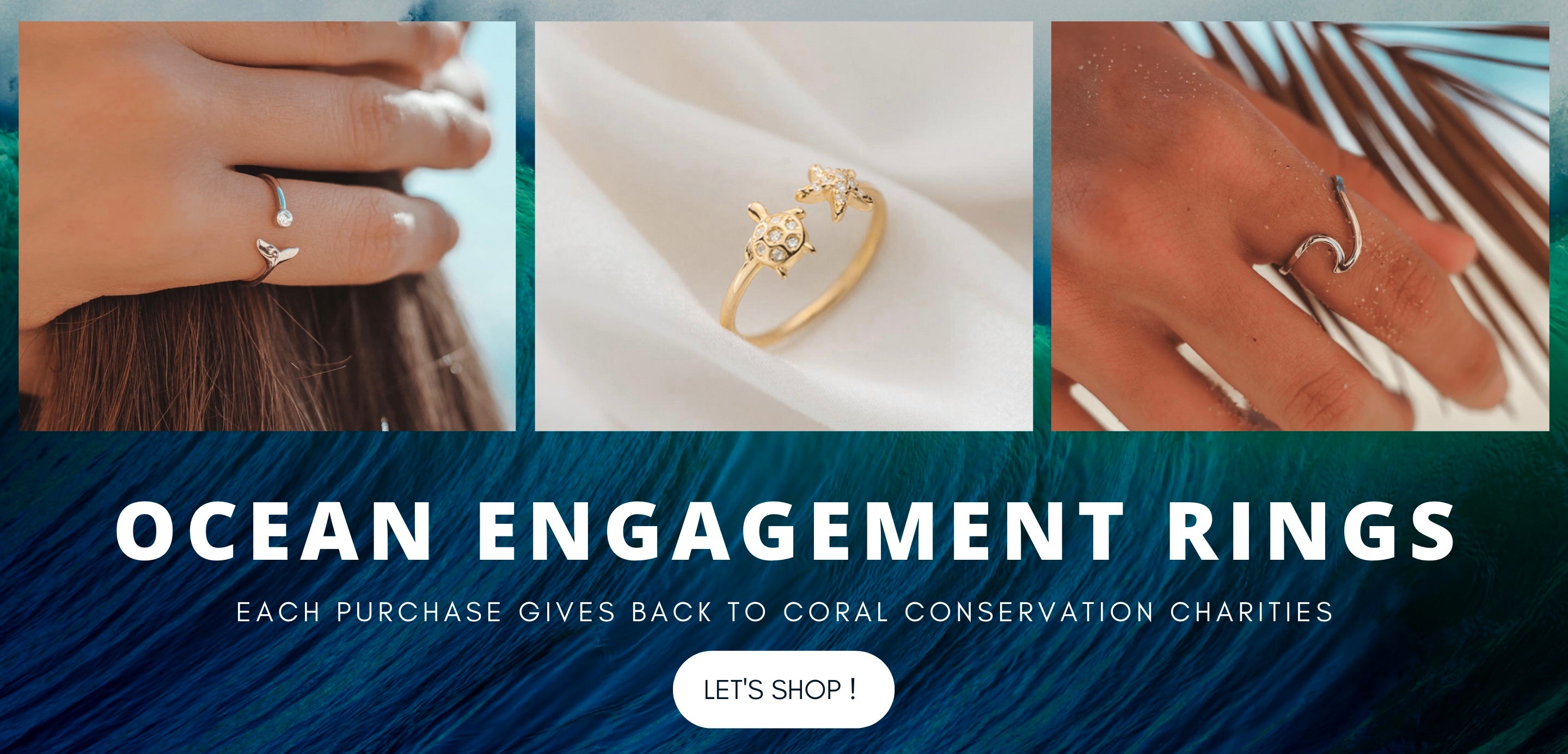 Ocean inspired engagement and wedding ring set