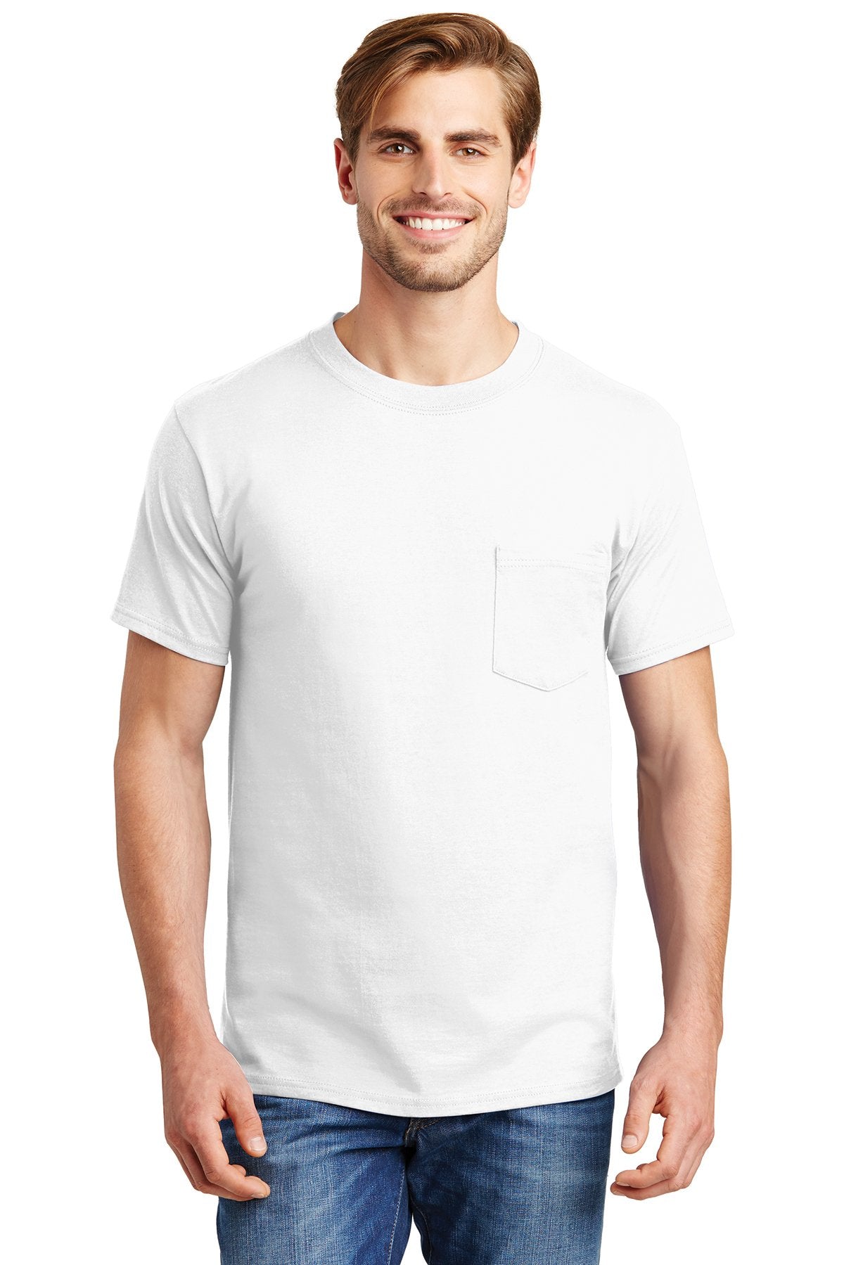 Hanes Beefy Cotton T Shirt with Pocket in White, add a custom design