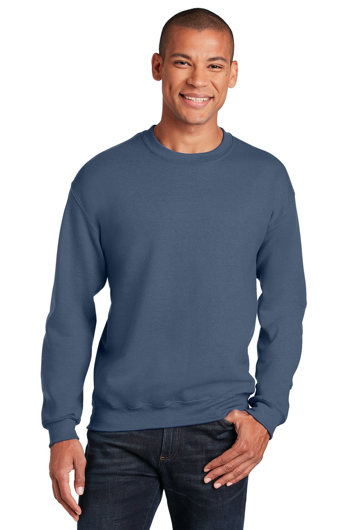 Gildan Heavy Blend Crewneck Sweatshirt in Indigo Blue, with a custom logo