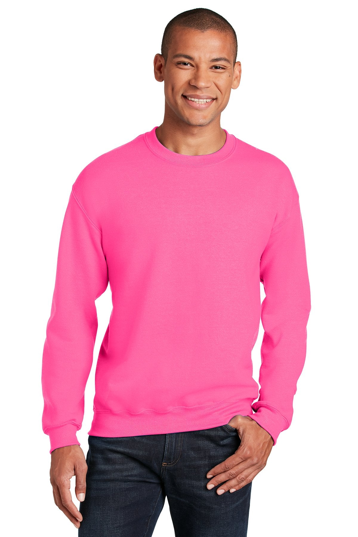Gildan Heavy Blend Crewneck Sweatshirt in Safety Pink, with a custom logo
