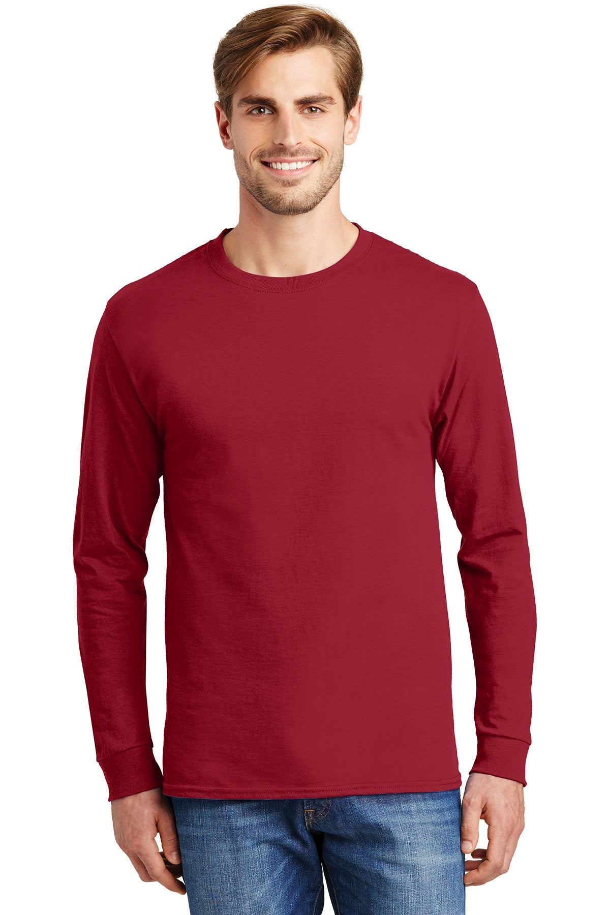 Hanes Tagless Cotton Long Sleeve T Shirt in Deep Red, add a custom design