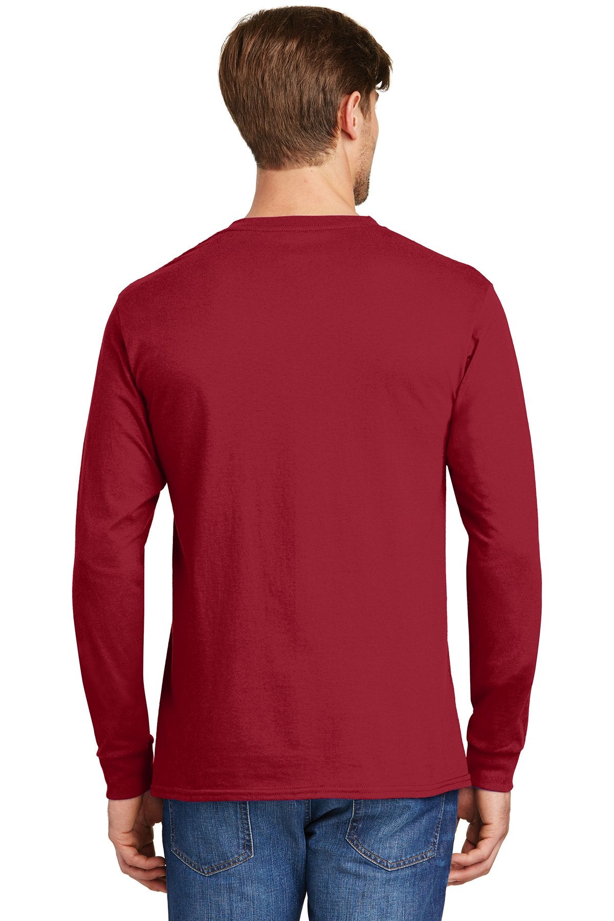 Hanes Tagless Cotton Long Sleeve T Shirt in Deep Red, add a custom design