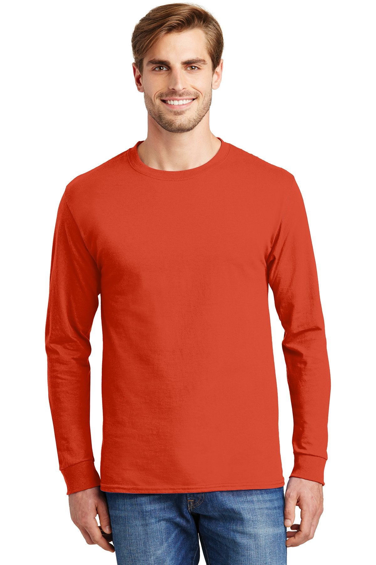 Hanes Tagless Cotton Long Sleeve T Shirt in Orange, add a custom design