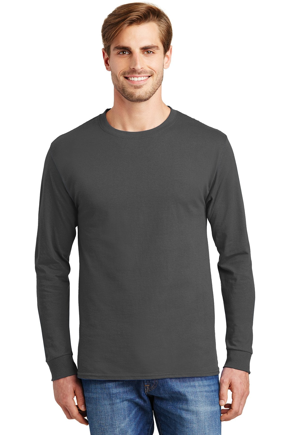 Hanes Tagless Cotton Long Sleeve T Shirt in Smoke Grey, add a custom ...