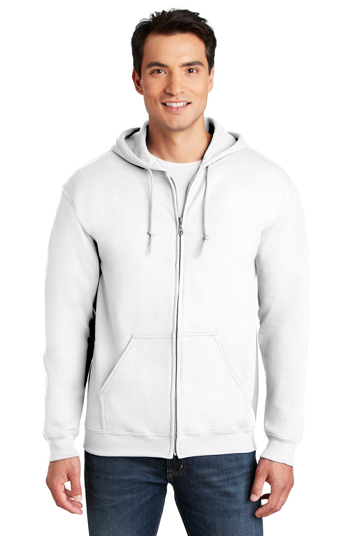 Gildan Heavy Blend Full Zip Hooded Sweatshirt in White, with a custom logo