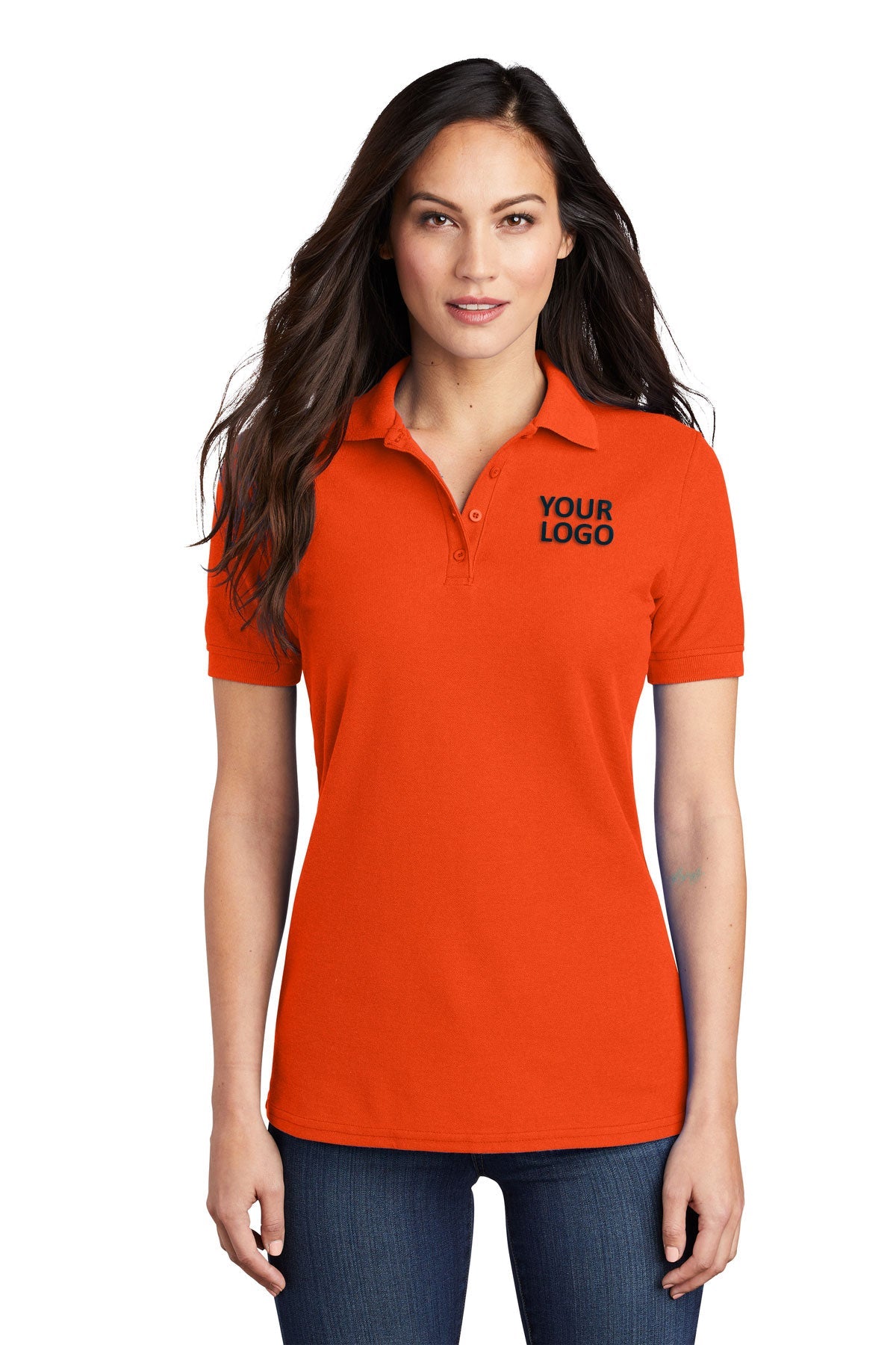 Port & Company Ladies Core Blend Pique Polo in Orange, with company logo