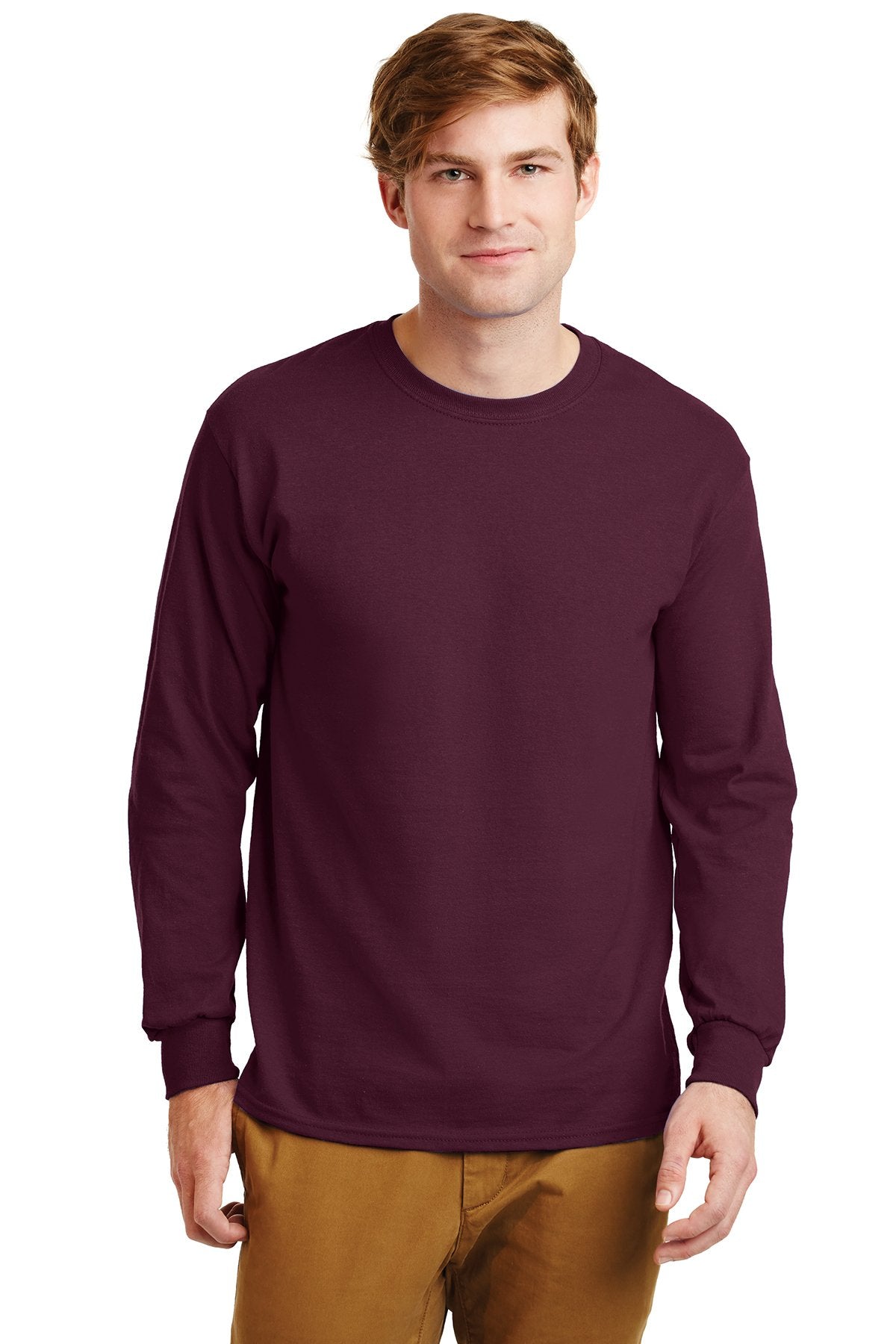 Gildan Ultra Cotton Long Sleeve T Shirt in Maroon, add a custom design