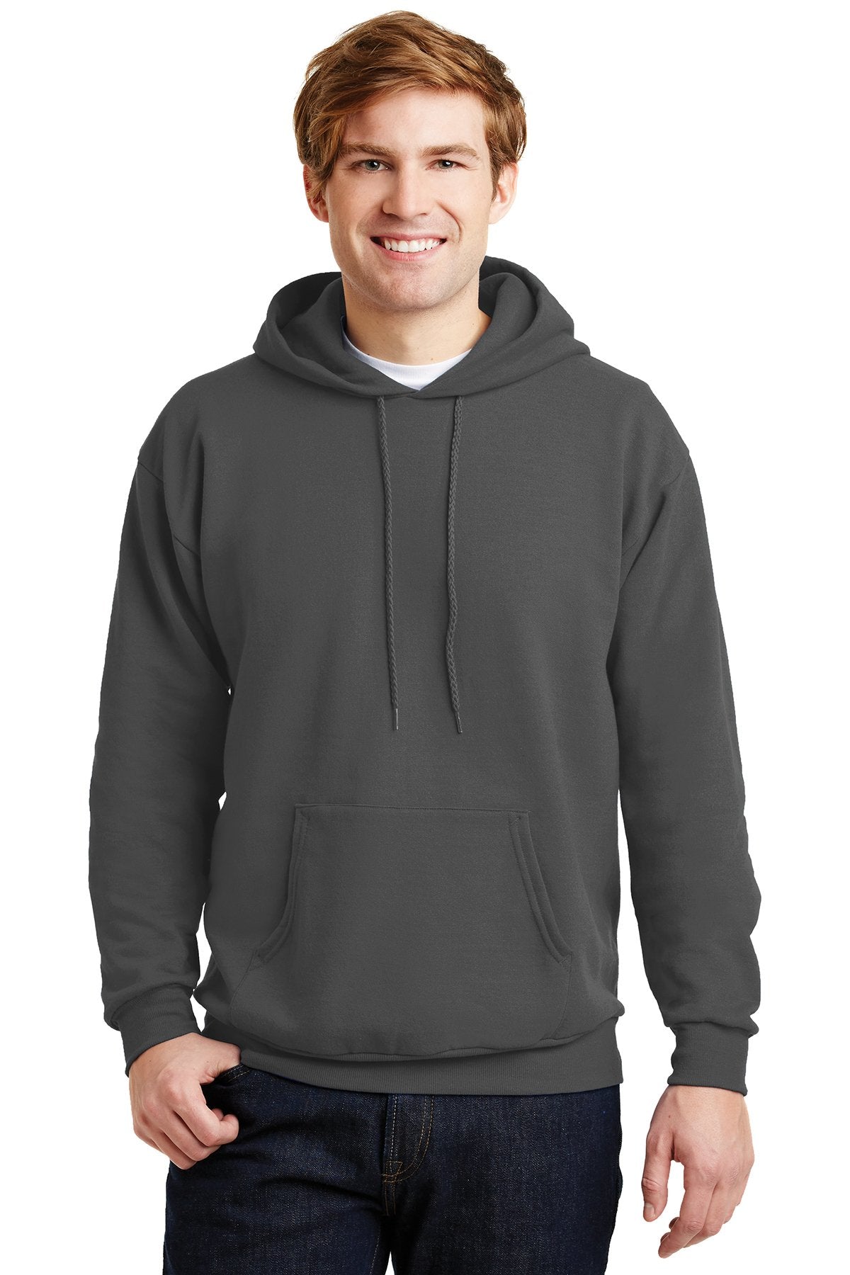 Hanes EcoSmart Pullover Hooded Sweatshirt in Smoke Grey, with a custom logo