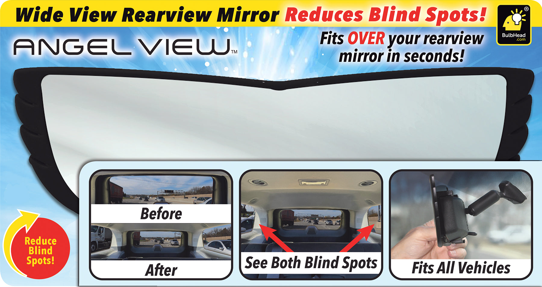 ANGEL VIEW WIDE VIEW REARVIEW MIRROR - REDUCES BLIND SPOTS - AS