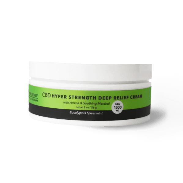 A jar of eucalyptus spearmint scented CBD Hyper Strength Deep Relief Cream from Seventh Sense.