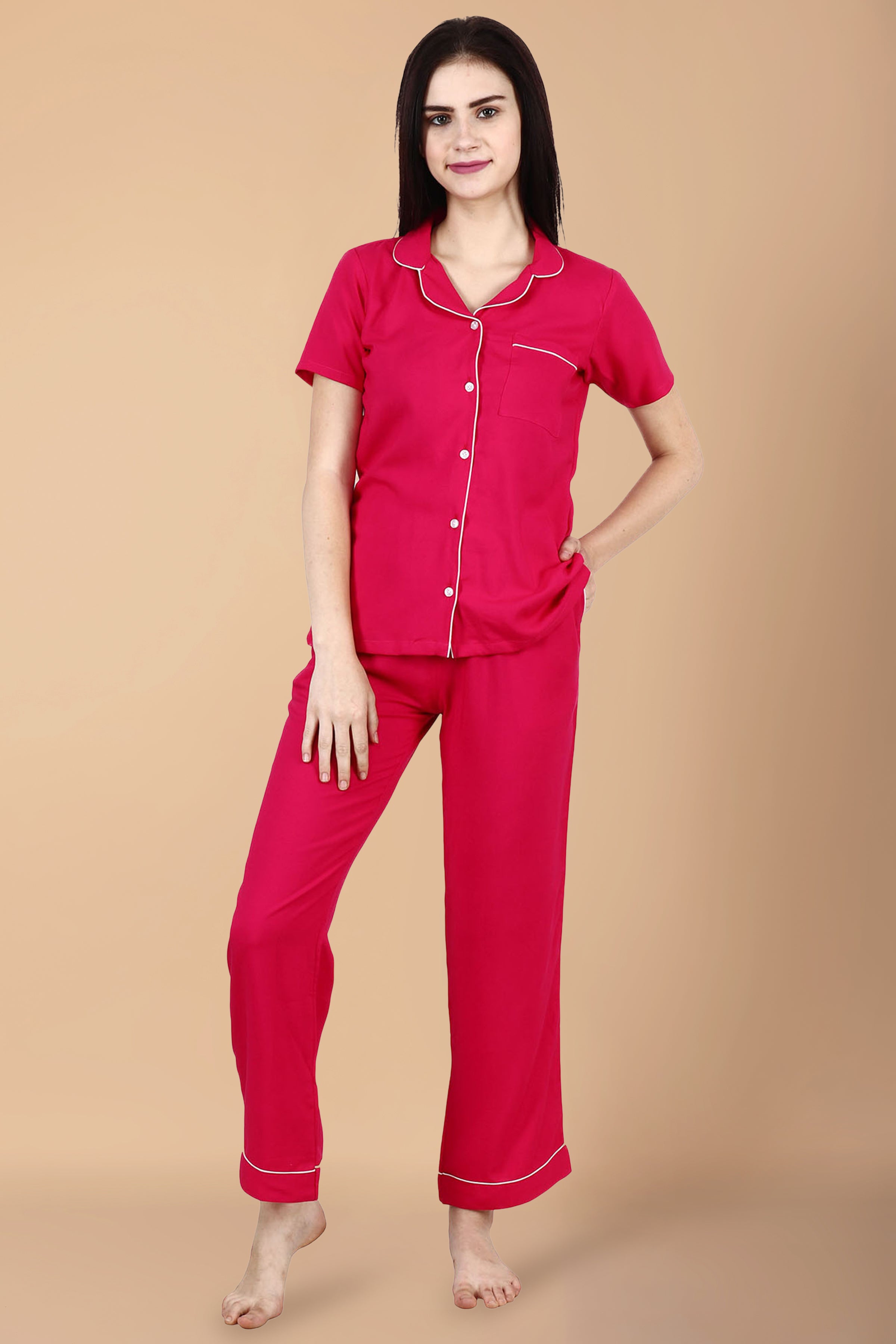 Buy Shopbloom Bright Pink Kitty Cotton Print V-Neck Women Night Suit online