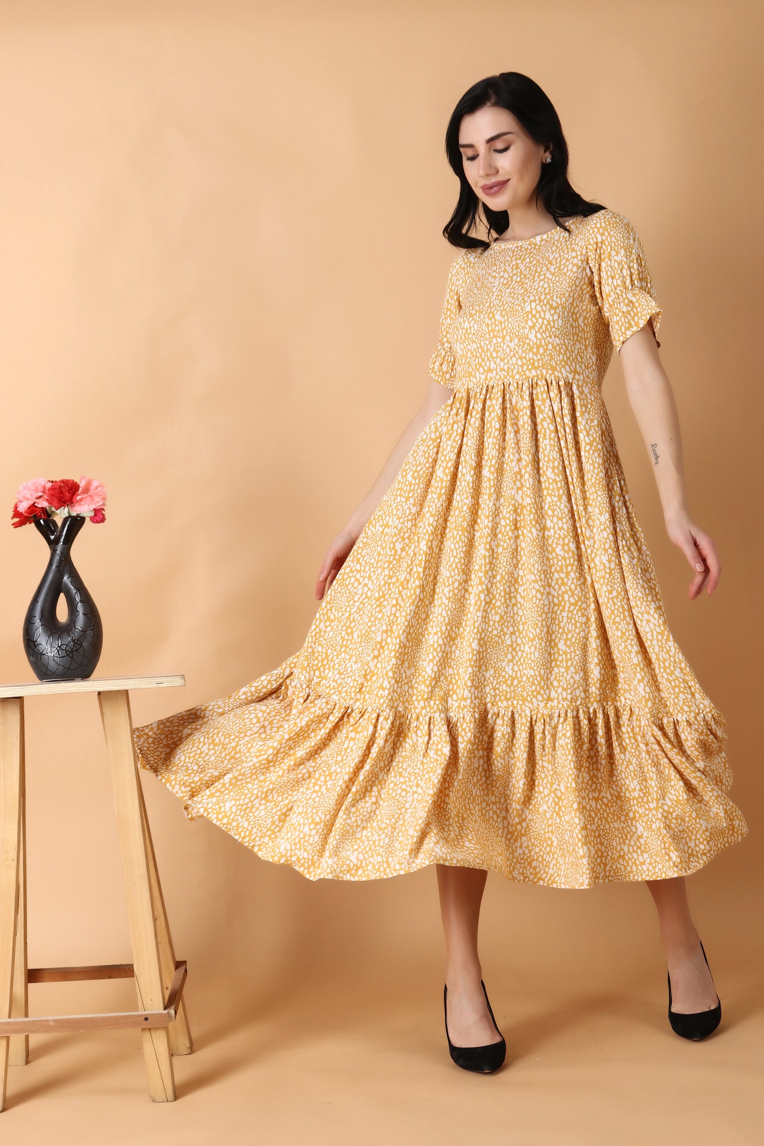 all sizes, boat, calf, flared, plus size, plus size dress, puffed half sleeves, rayon, yellow
