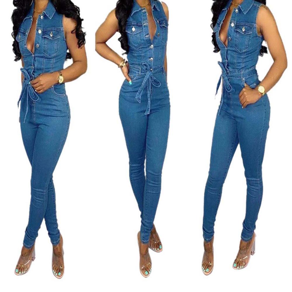 Woman Blue Summer Sexy Demin Jumpsuit Girls Sleevelss Jeans Casual Overalls Romper Bodycon Playsuit One Piece Pant комбинезоны