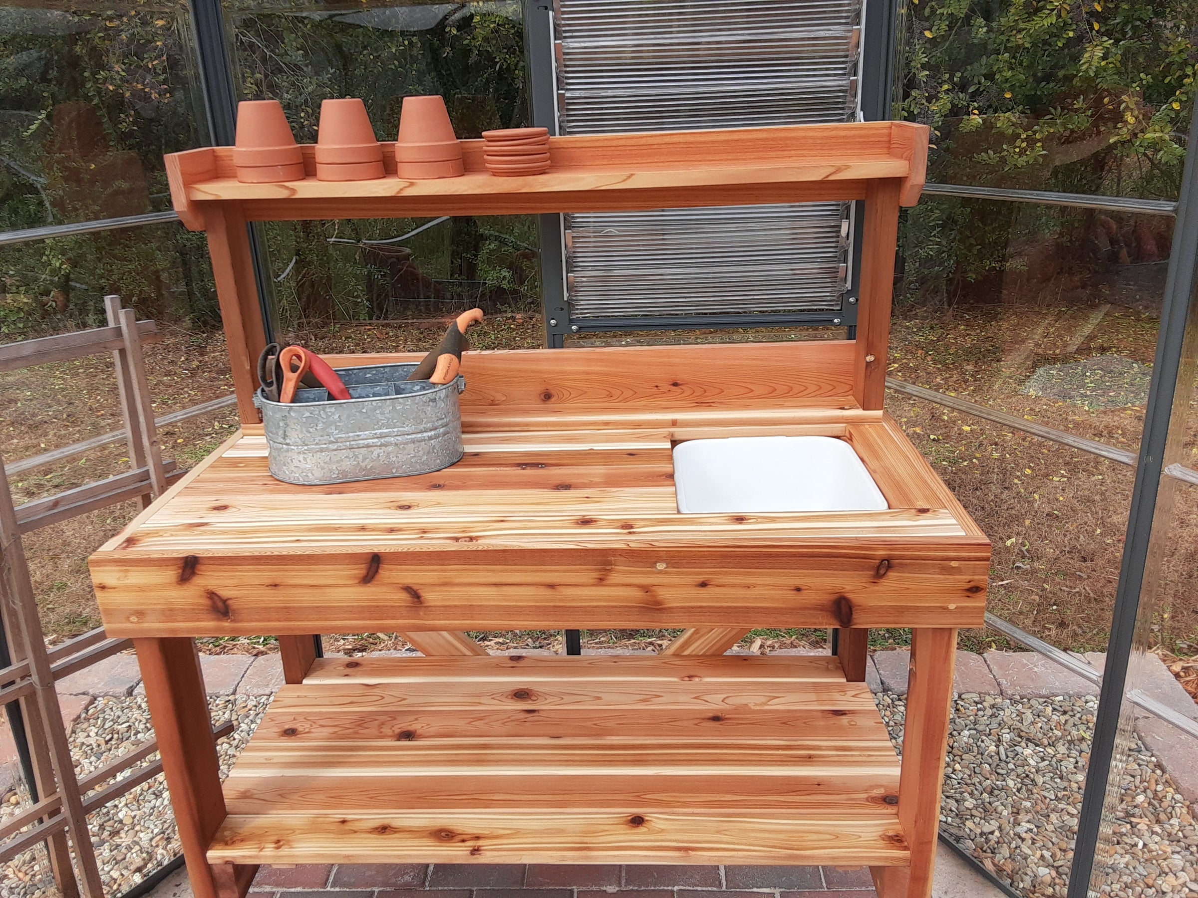 garden potting bench kits, cedar potting benches with sink