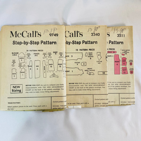 McCall's Vintage Pattern Set: 13 JP (JUNIOR PETITE) 2311/2340/9749 (Circa 1970)