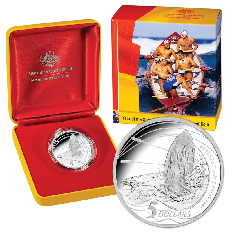 $5 2007 Surf Lifesavers Silver Proof - case, box and coin | $5 2007 Surf Lifesavers Silver Proof - reverse