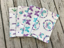 Load image into Gallery viewer, purple and blue butterfly burp cloths for baby girl

